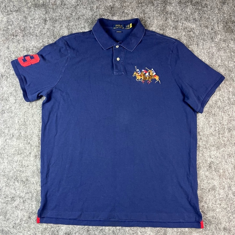 Vintage Polo Ralph Lauren Men's Classic Fit Tripple Pony Polo Shirt Navy Size XL